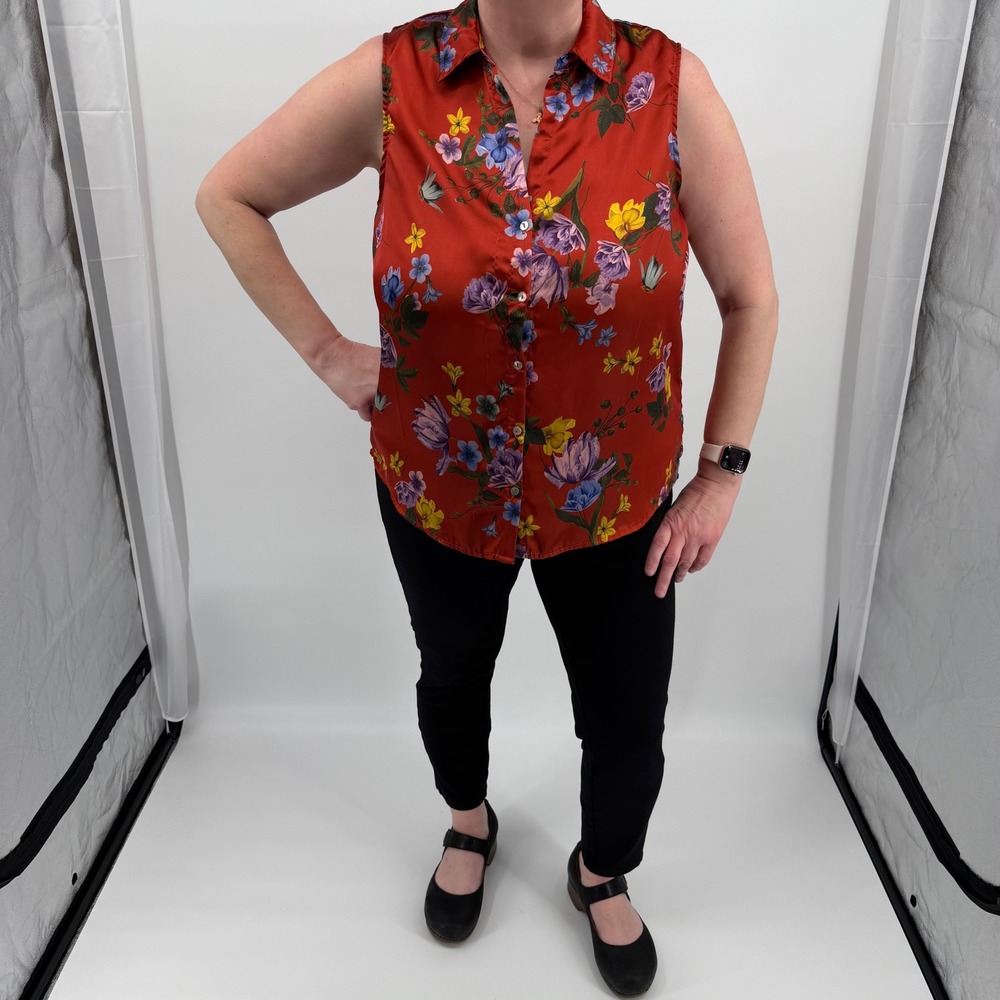 Elie Tahari Sleeveless Button Front Lightweight Floral Blouse Rust Orange Top XL